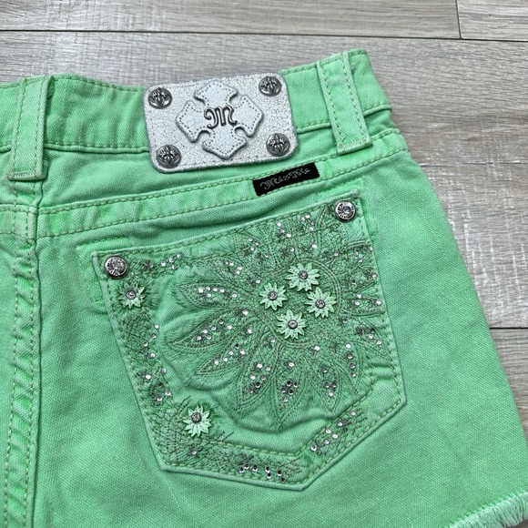 Miss Me JP5721H3 Neon Green Cutoff Denim Jean Shorts Floral Rhinestone Womens 27 - Picture 5 of 6
